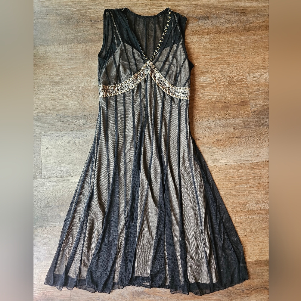 Y2K Mix It Sheer Pleated Black Dress, Nude Slip w/Beaded waist & neckline 10